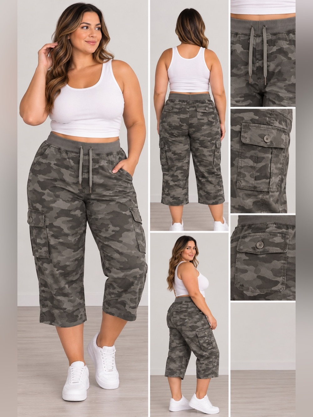 Plus Size Camo Cargo Capri Pants - Gray